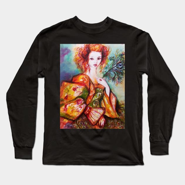 ROMANTIC WOMAN WITH SPARKLING PEACOCK FEATHER Long Sleeve T-Shirt by BulganLumini